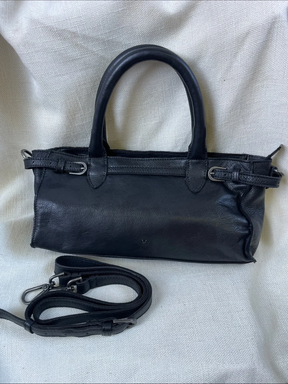Classic Black Leather Top-Handle Bag with Removable Strap